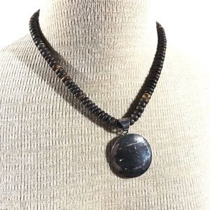 Wooden Beaded 18” Necklace w/ Silver Pendant